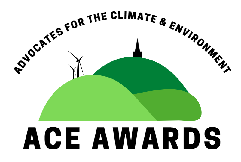 The ACE awards logo shows simplified green hills with Studley Pike and a wind turbine